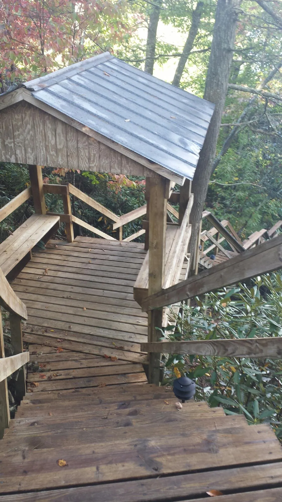 Metal roofed shelter over wooden steps on a wooded walkway — Skylight Repair & Installation work by our crew in Mill Run